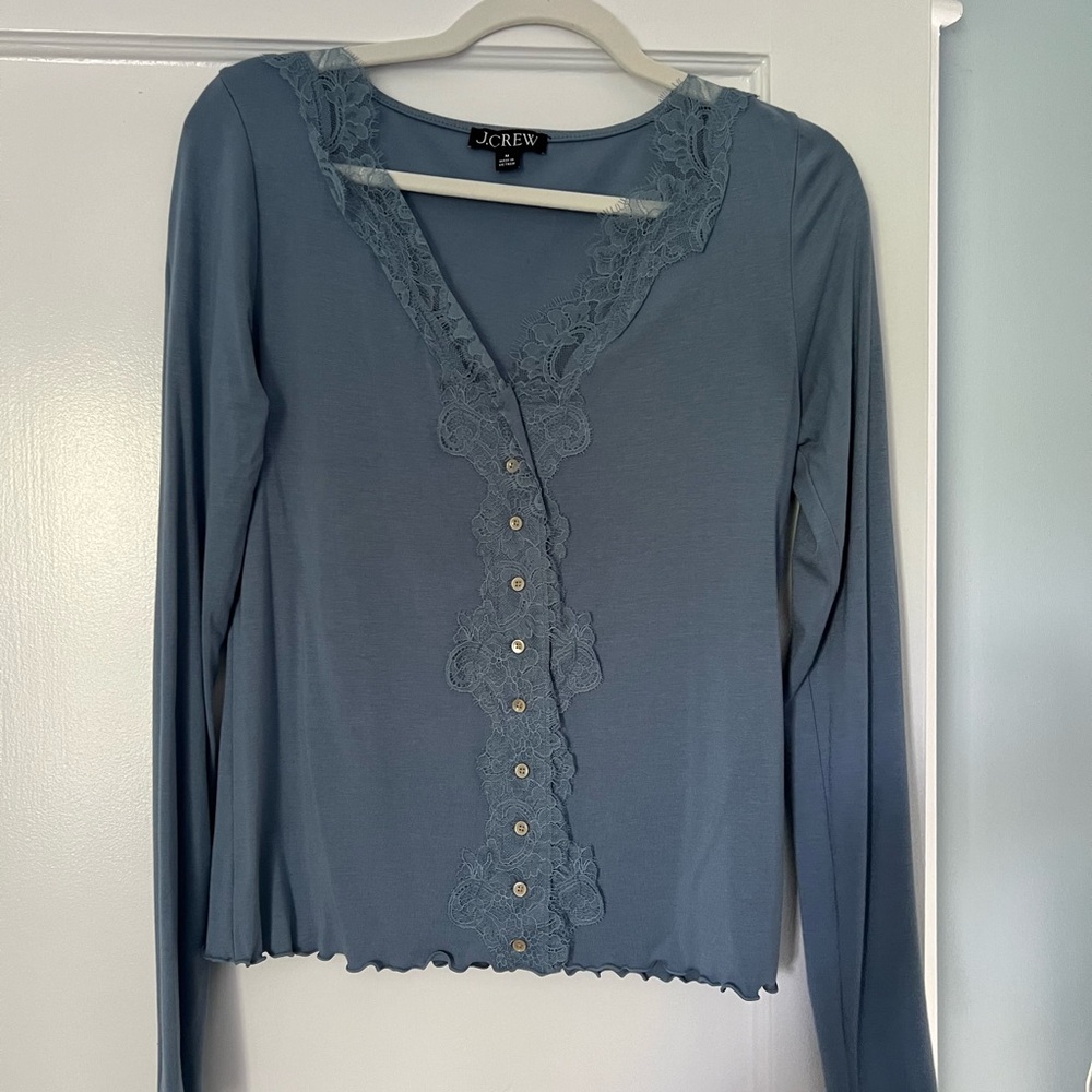 J. Crew Lace-Trim Long Sleeve Button Cardigan — Dusty Blue
